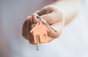 a person holding a house shaped key