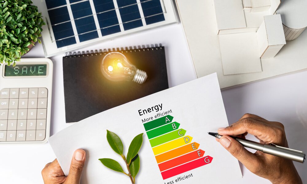 Energy performance certificate rating chart with solar panel and calculator, representing EPC upgrades for buy-to-let properties in Brislington.