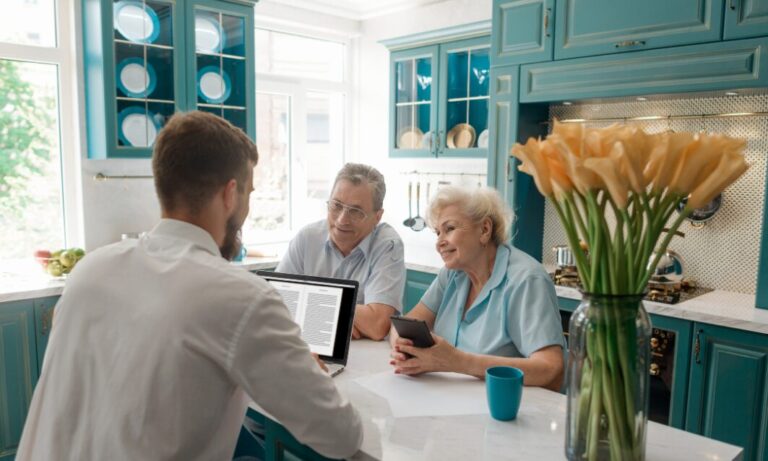 Estate agent discussing property details with homeowners at a kitchen table, representing Long Ashton property market trends and valuations